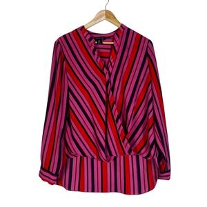 Rachel Zoe Pink Red Black Striped V Neck Faux Wrap Long Sleeve Blouse Top M